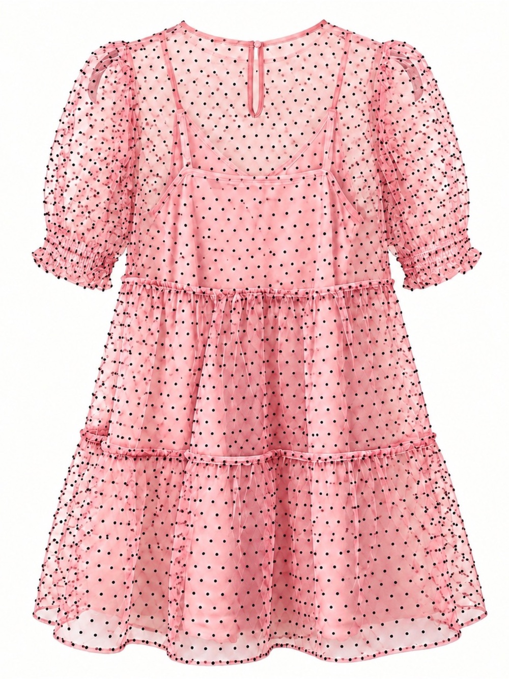 H&M Divided Pink Black Polka Dot Sheer Puff Sleeve Tiered Dress S - Picture 4 of 6